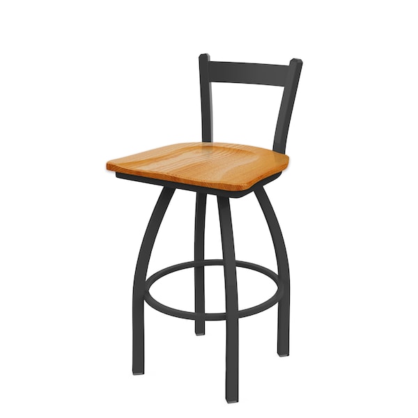 25" Low Back Swivel Counter Stool, Pewter Finish, Med Oak Seat